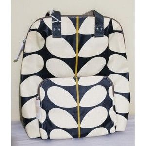NEW Orla Kiely Bestie Backpack Black Beige Solid Stem Print Coated Canvas